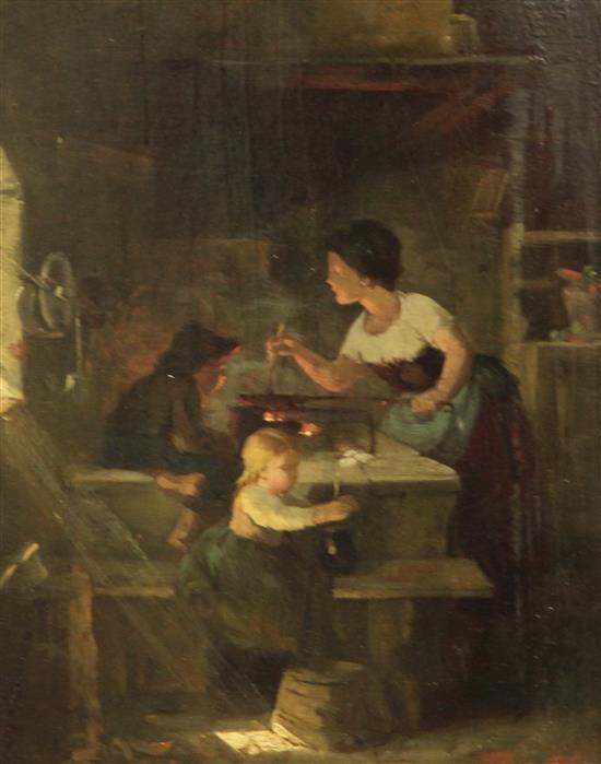 19th century French School Kitchen interior with mother and children, 11.5 x 9in.